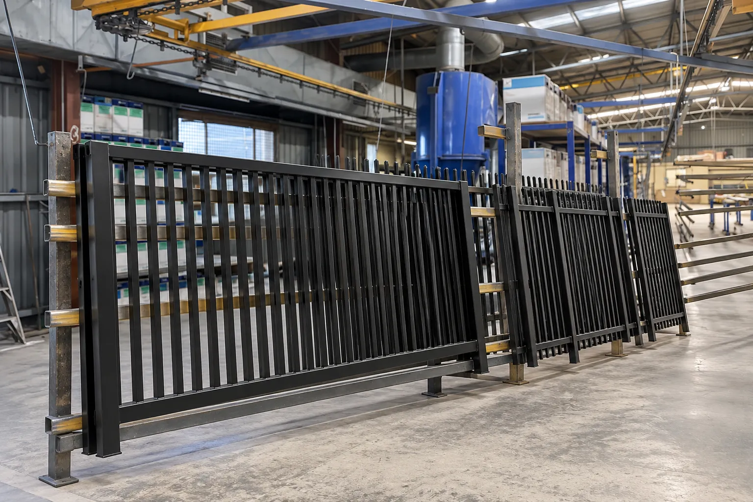 Matte black powder coated steel gate and fence panels on a workshop rack