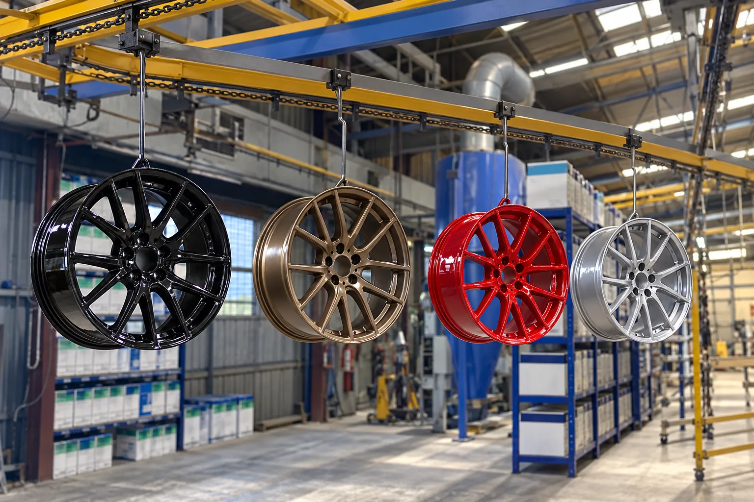 Black, bronze, red and silver powder coated alloy wheels hanging from a coating line