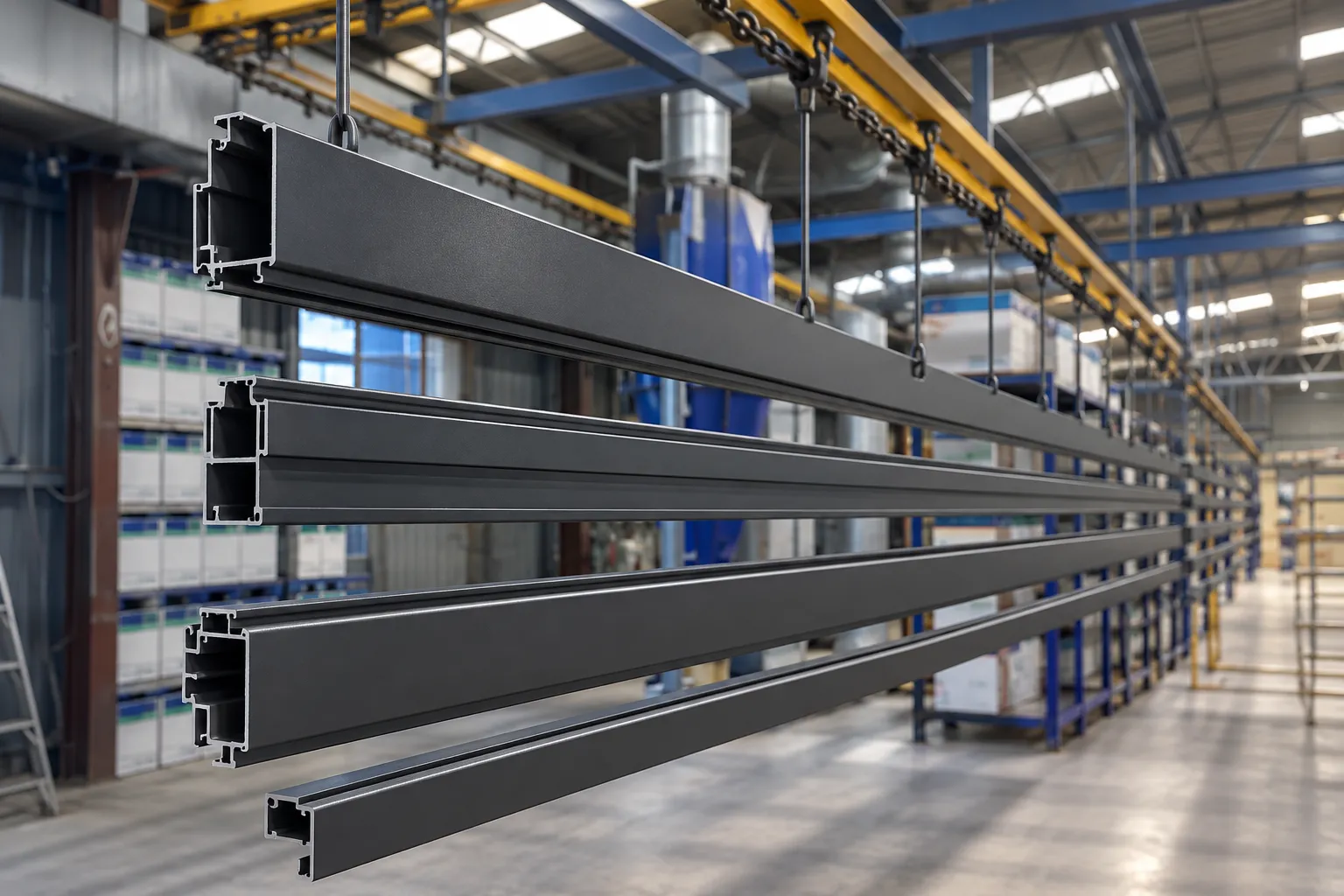 Long aluminium architectural extrusions powder coated in a dark grey satin finish hanging on a coating line