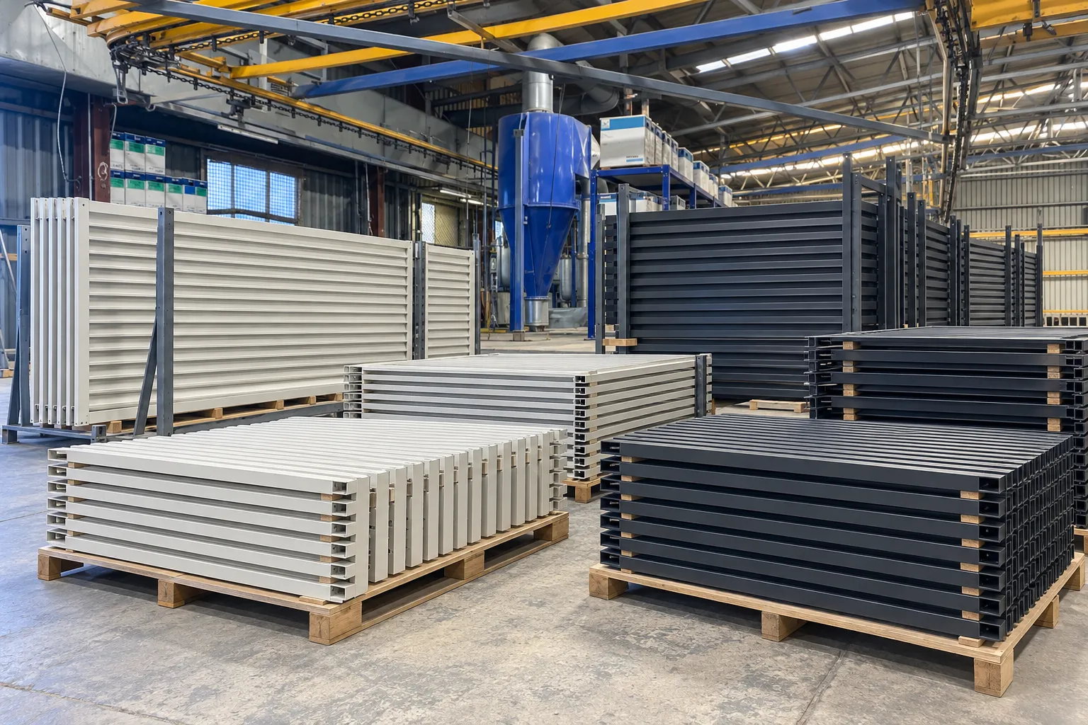 Batch of aluminium louvre and screen panels powder coated in off-white and charcoal, stacked for a commercial job