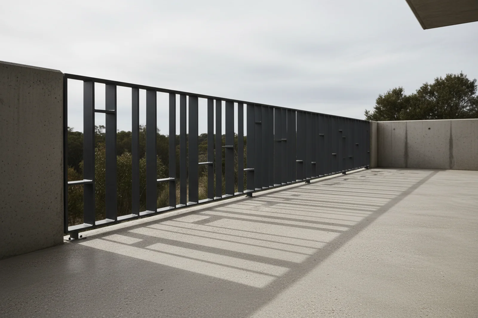 Charcoal powder coated steel balustrade along a concrete balcony