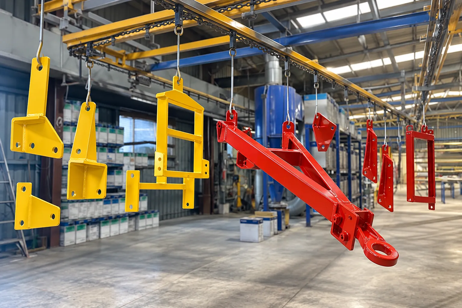 Yellow and red powder coated steel brackets and a drawbar hanging from the line after curing