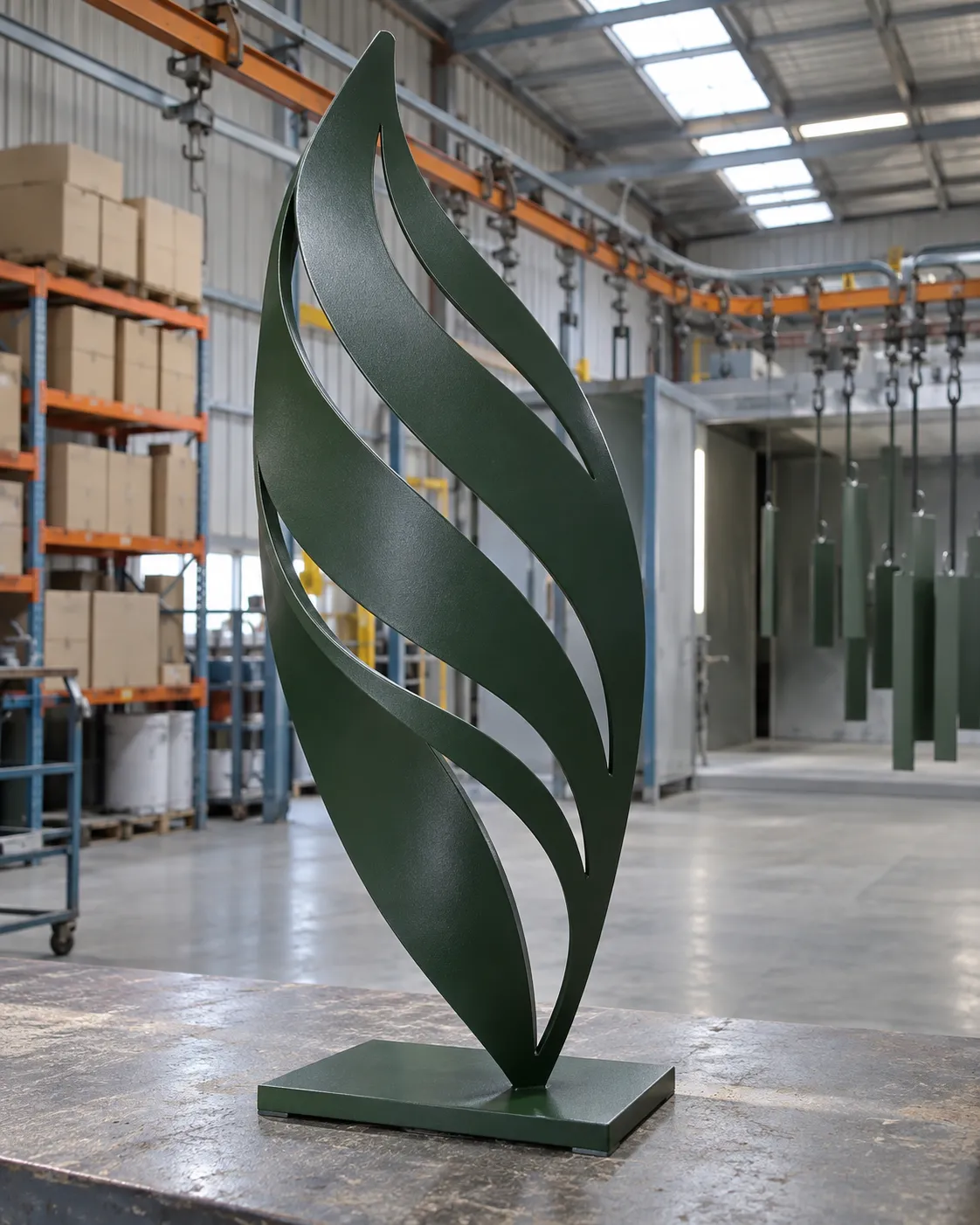 Steel garden sculpture powder coated in a forest green satin finish