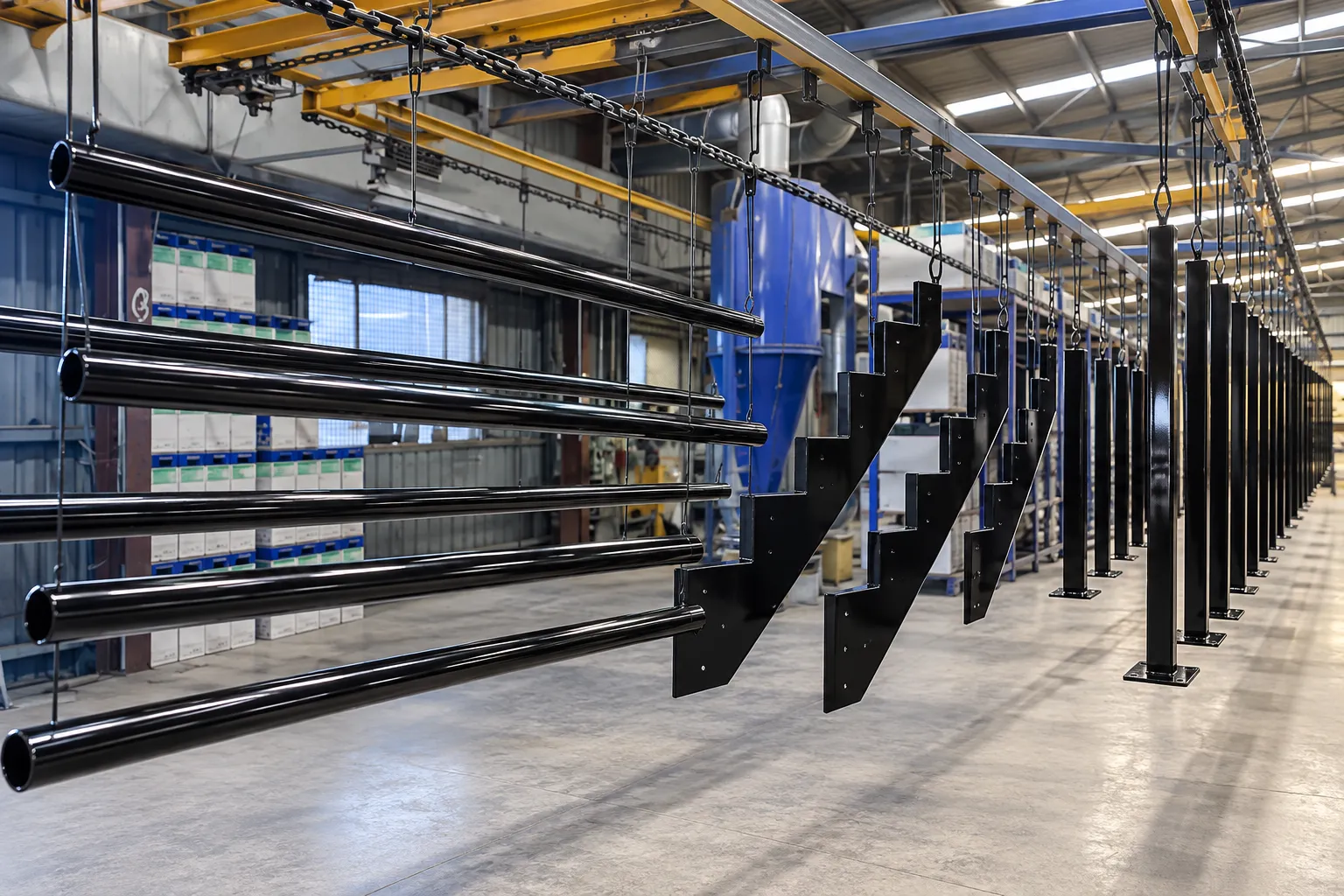 Batch of gloss black powder coated steel handrails and stair stringers hanging from a coating line