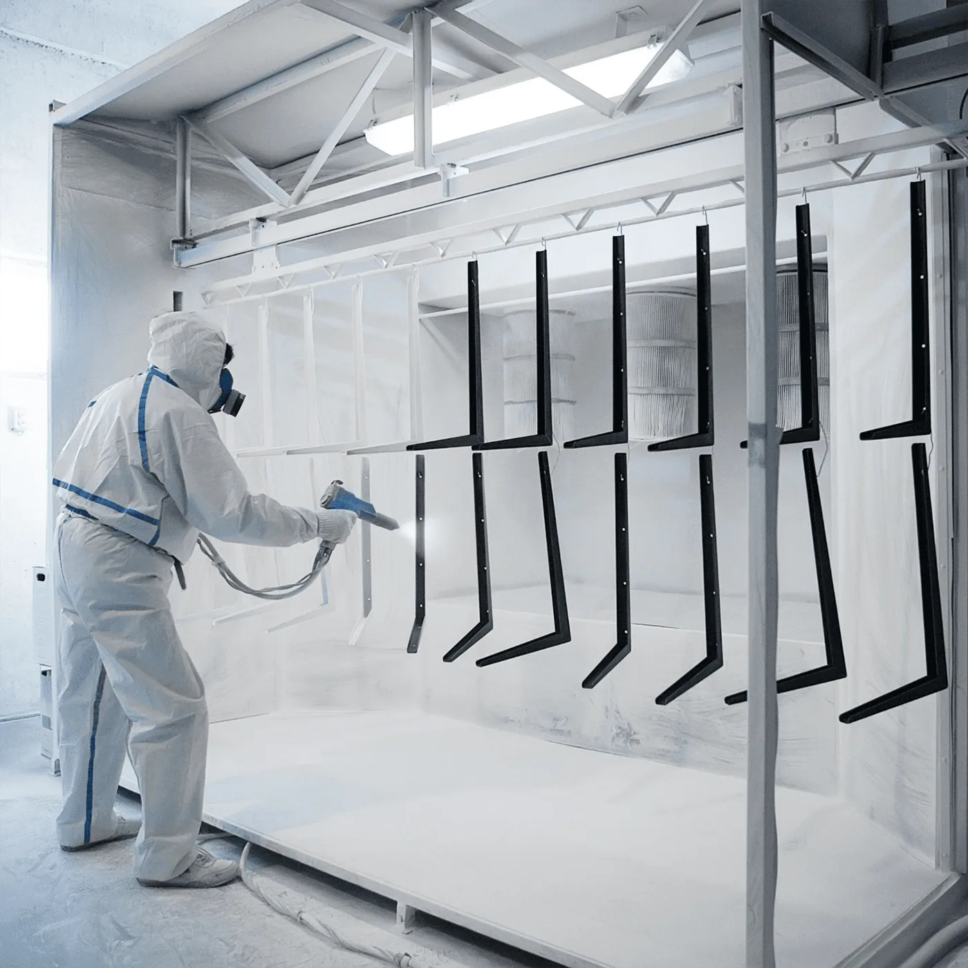Coated steel brackets hanging across the width of a powder coating spray booth