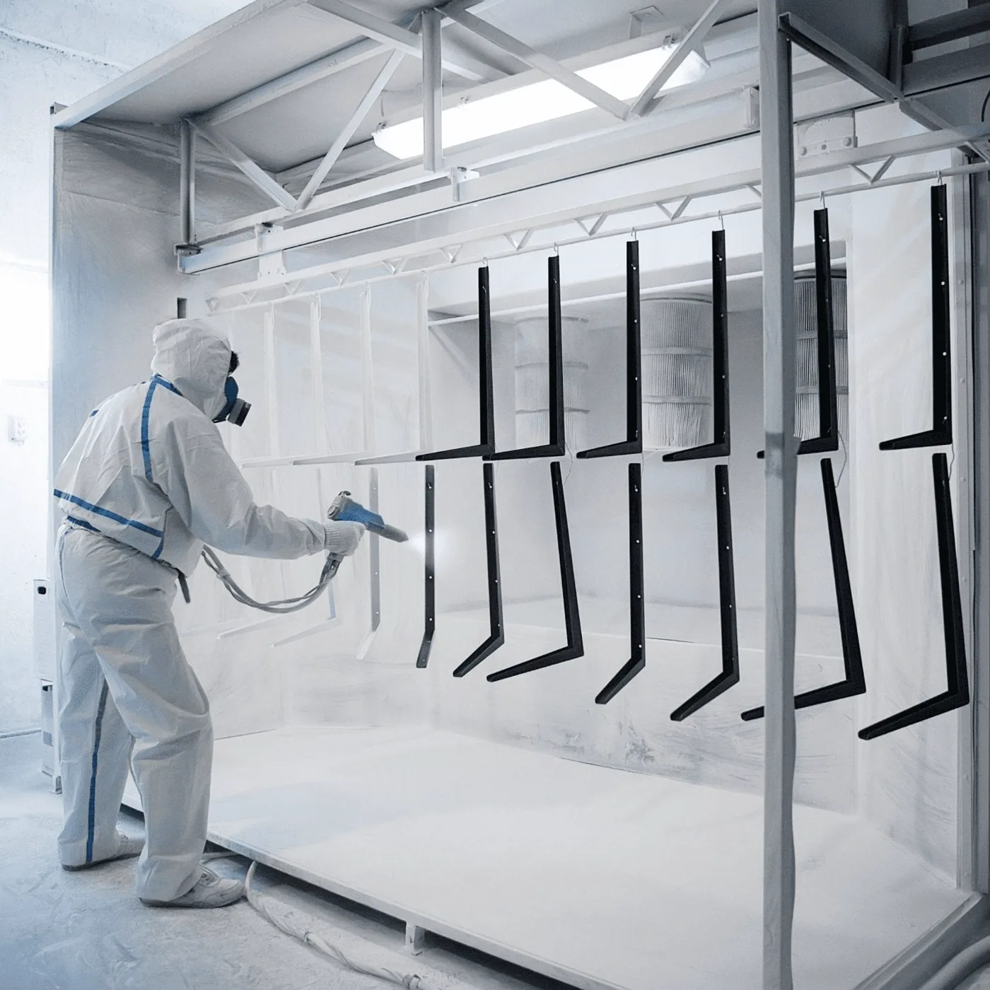 Powder coater in protective gear spraying steel brackets hanging inside a coating booth