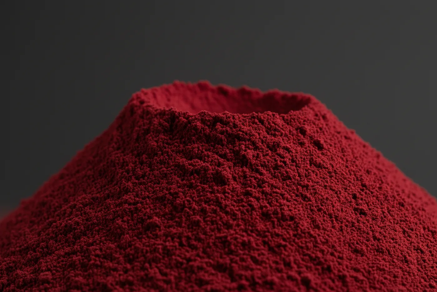 A mound of signal red powder coating pigment on a dark surface